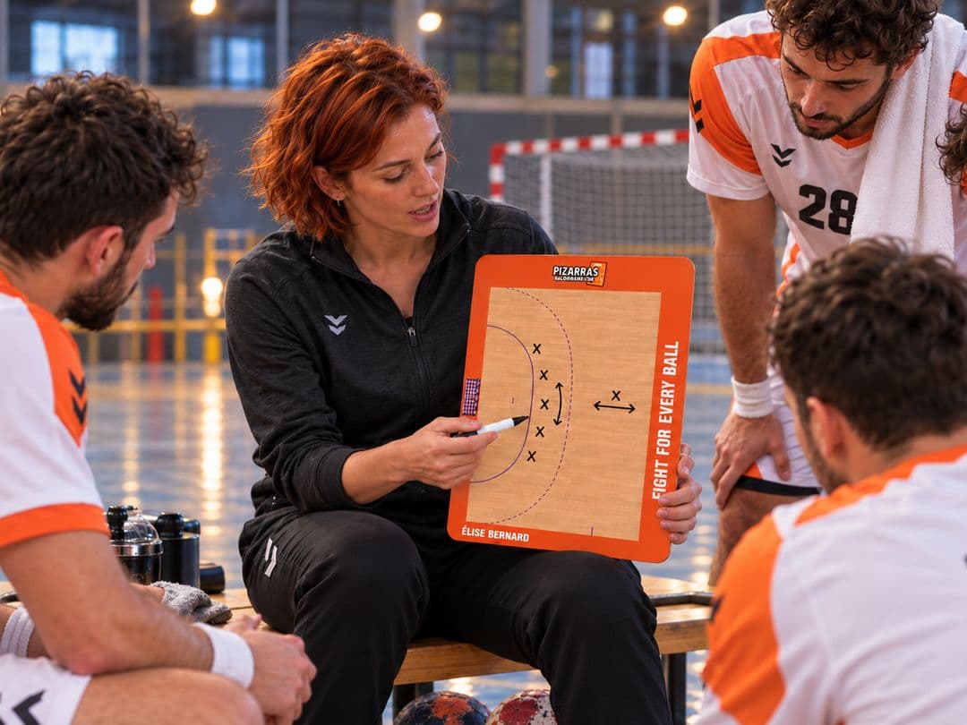 Uma treinadora de andebol explica uma jogada no quadro à sua equipa no banco