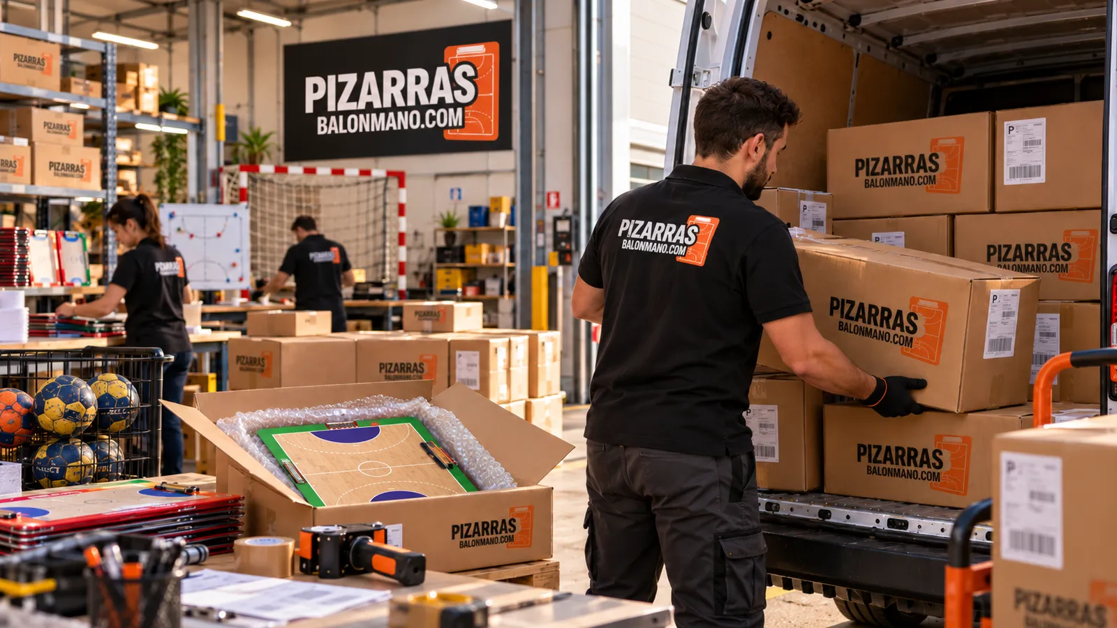 Armazém de quadros de andebol e carga de caixas para envio