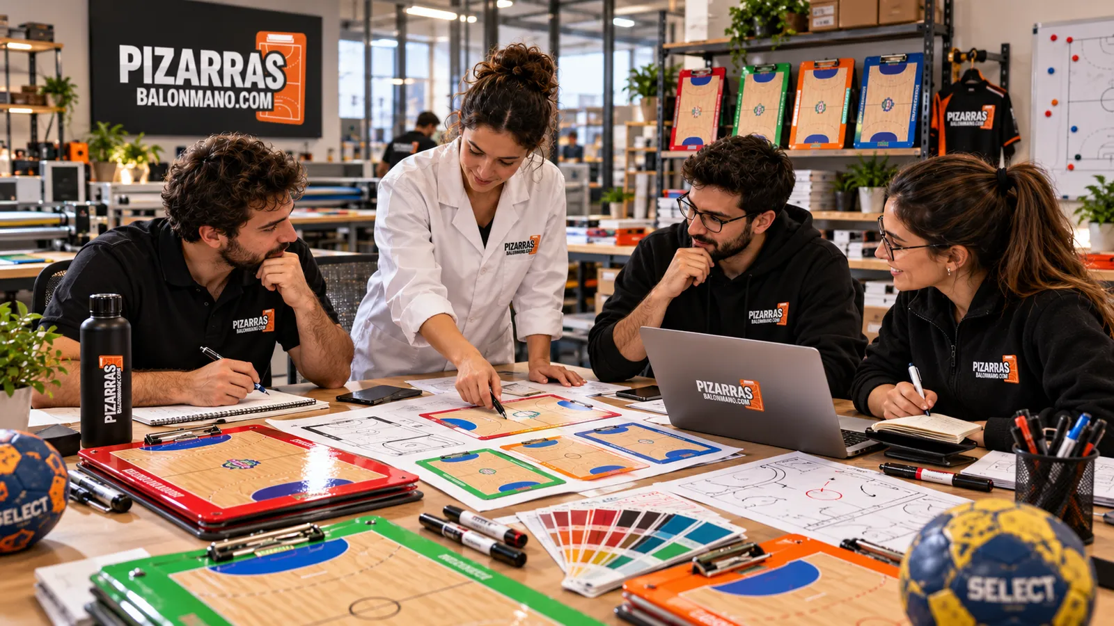 Reunião de design com quadros de andebol e cartas de cores sobre a mesa