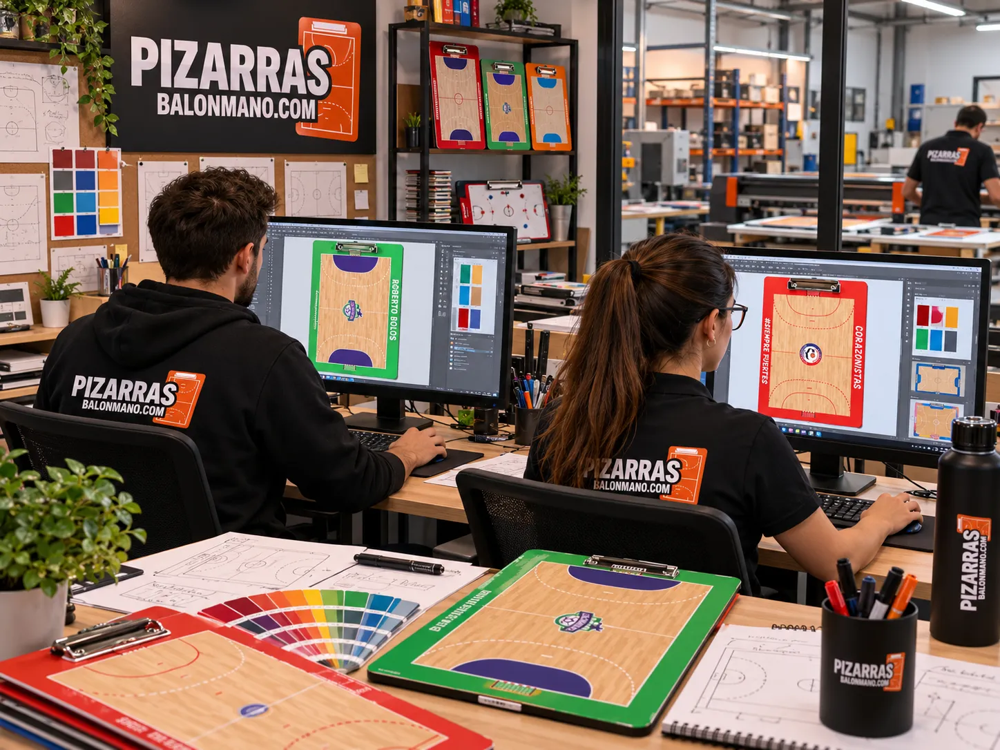 Design de quadros de andebol no computador, com amostras de cor