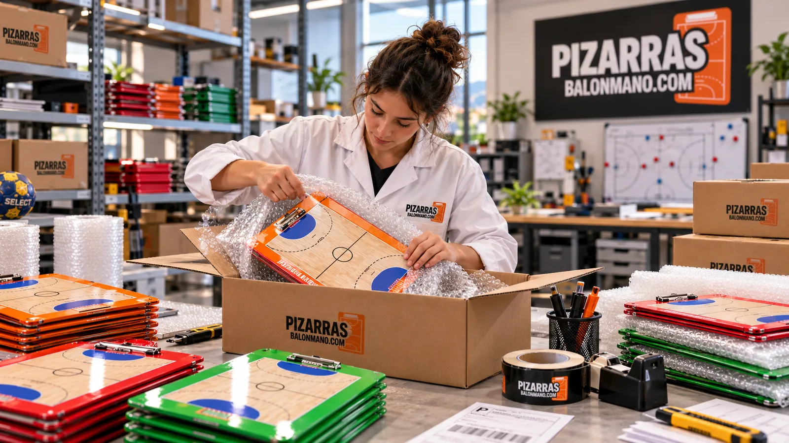 Quadro de andebol protegido com plástico-bolha antes do envio