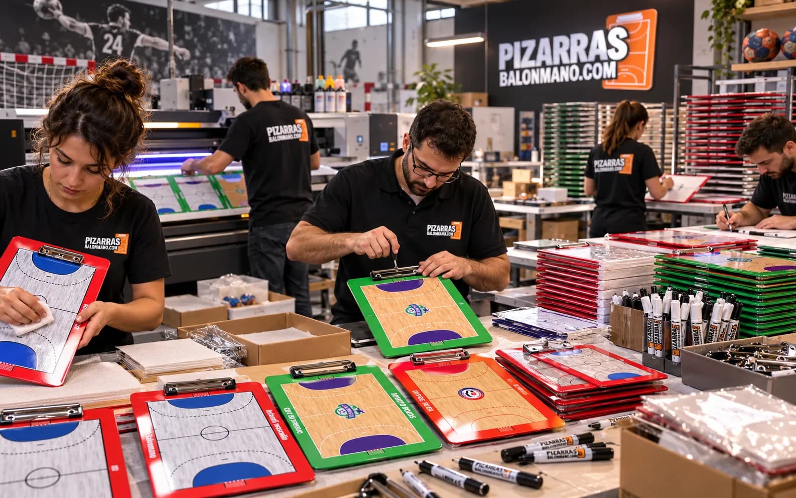 Equipa da oficina a verificar quadros de andebol acabados