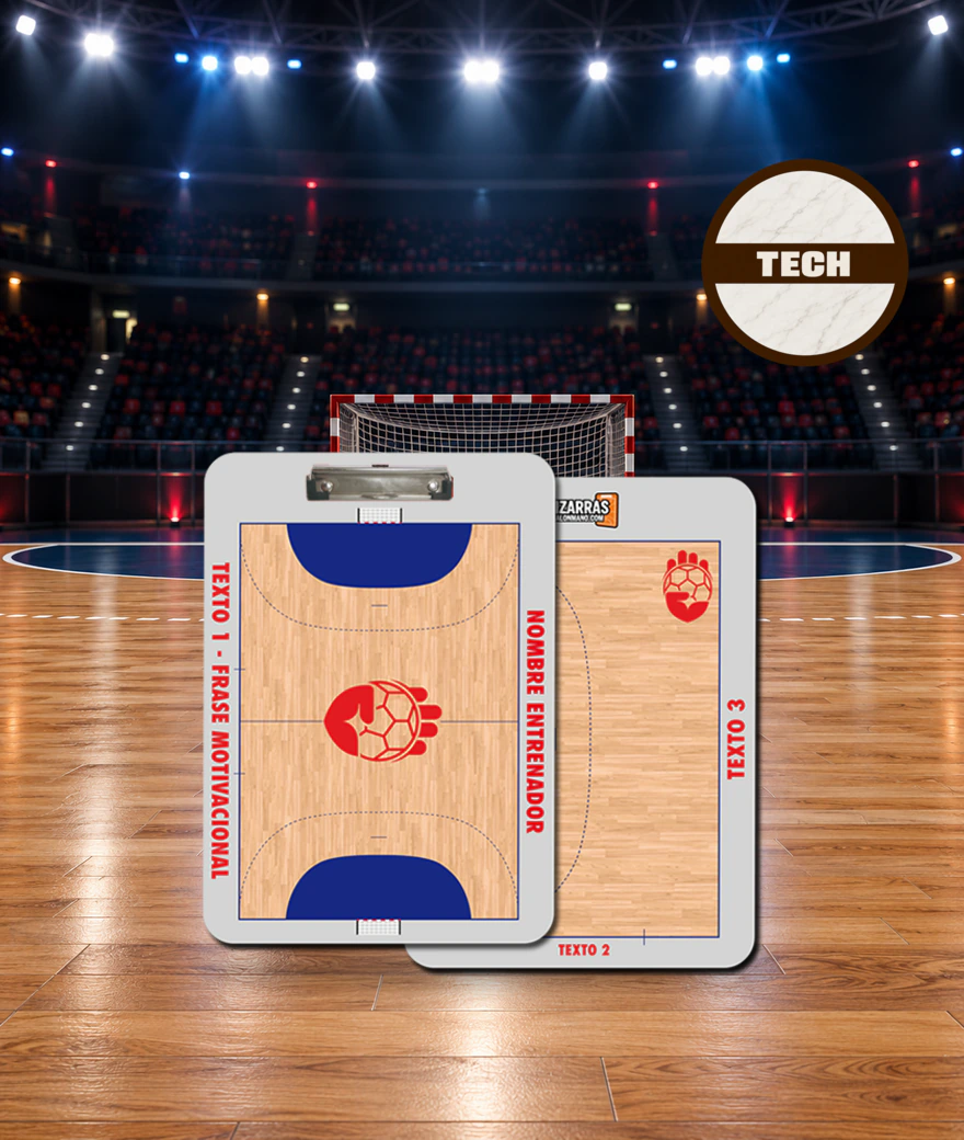 Quadro tático de andebol Casual Tech, frente e verso, no campo de um pavilhão