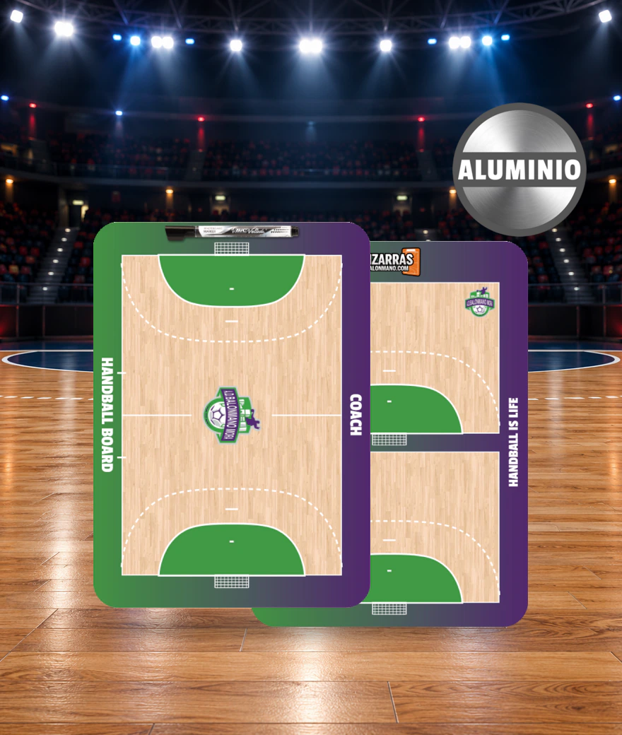 Quadro tático de andebol MatchDay, frente e verso, no campo de um pavilhão