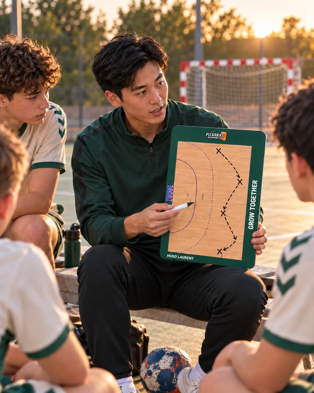Um treinador de andebol explica uma jogada no quadro à sua equipa num campo exterior ao pôr do sol