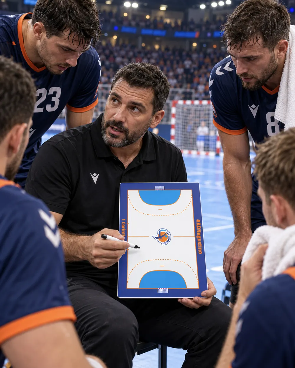 Um treinador de andebol aponta uma jogada no quadro durante o treino