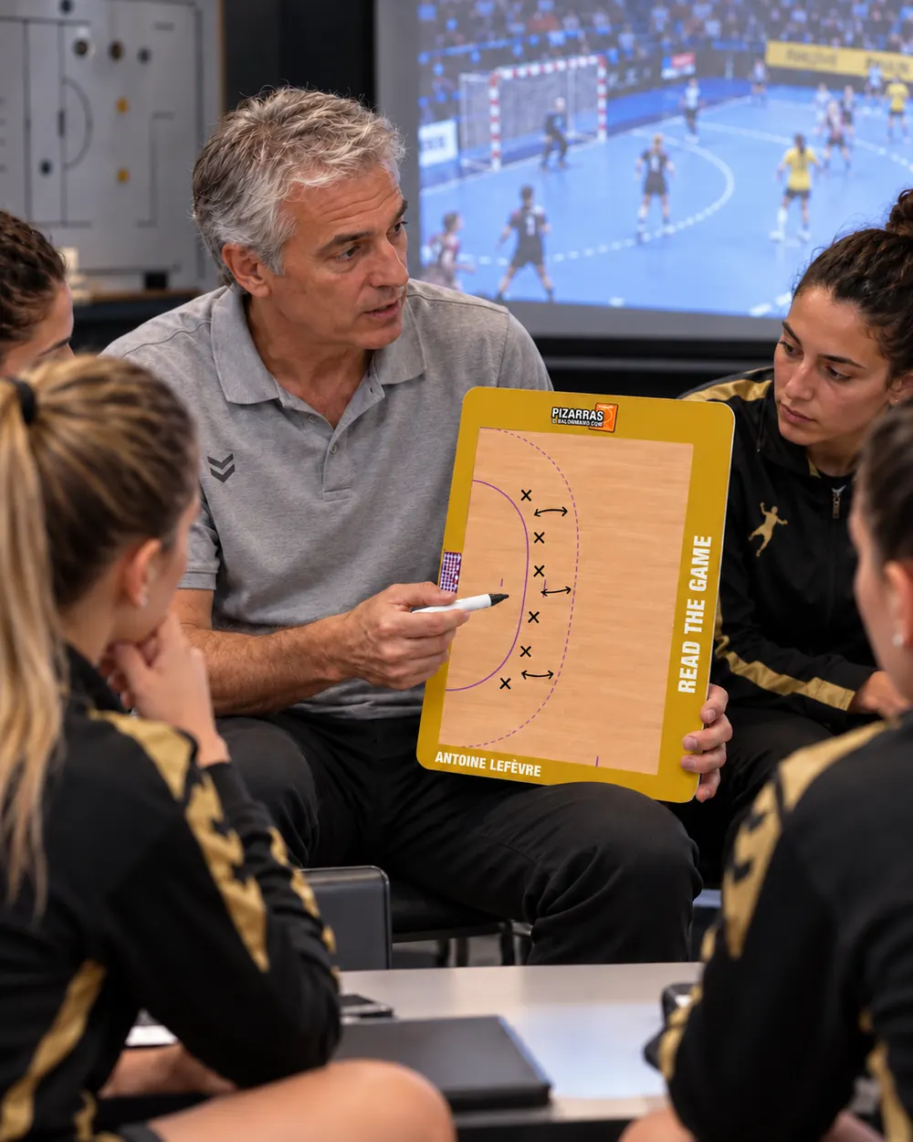 Um treinador de andebol explica uma jogada no quadro às suas jogadoras em frente ao ecrã de vídeo