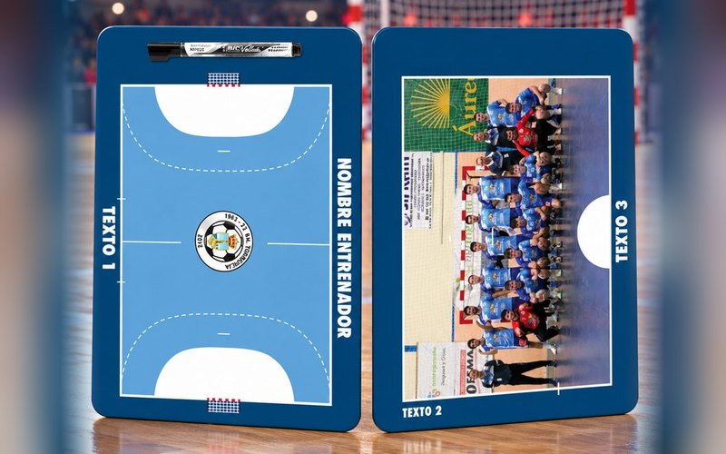Exemplo de Quadro Presente de andebol: o campo à frente e a fotografia da equipa atrás